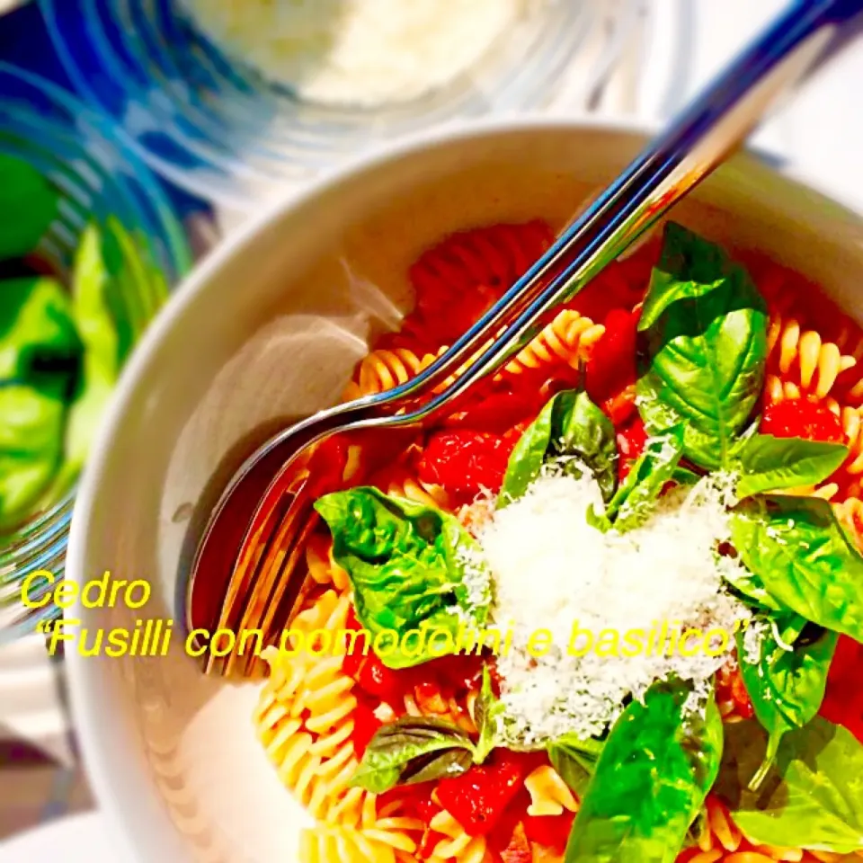 Snapdishの料理写真:Fusilli con pomodorini e basilico  フジッリトマトソース           2人分ドンブリ盛り(・ω・)ノ|Cedro🍋さん