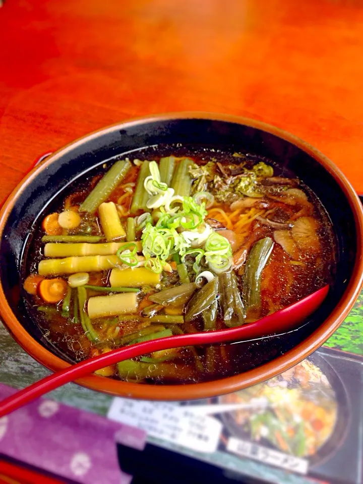 Snapdishの料理写真:山菜ラーメン「コゴミ、ヘビアサ、タケノコ、フキ、ミズ、ナメコ、ワラビ、サモダシキノコ」具沢山|901さん