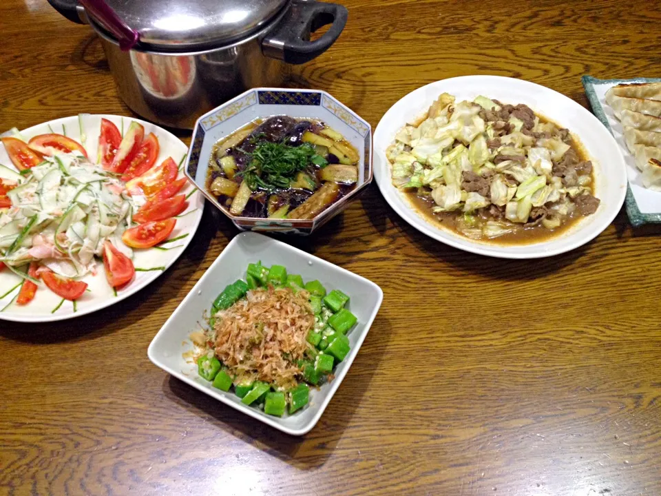 牛肉の生姜焼き ナスの揚げ浸し カニカマサラダ|アスカさん