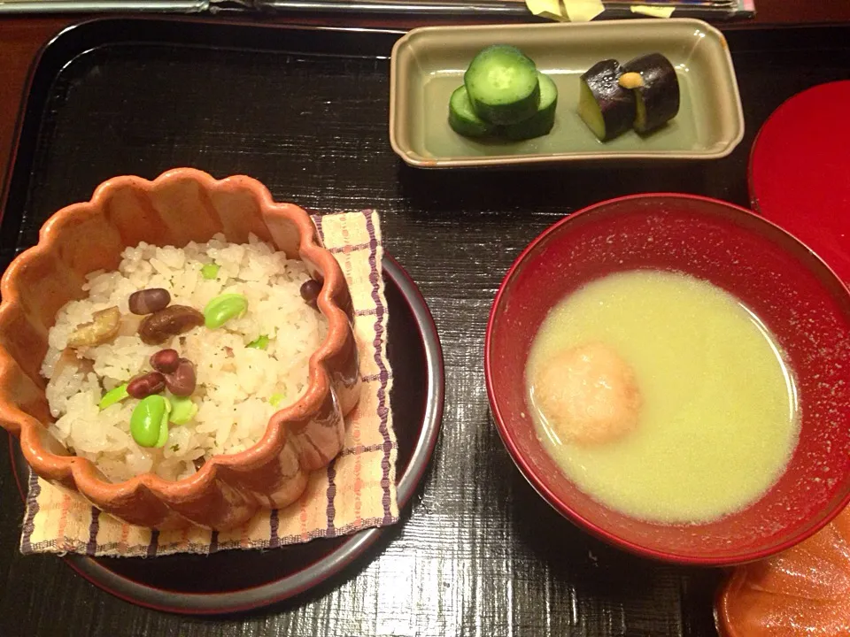 Sticky rice with chestnut, minced hamo, red beans, edamame; cucumber and eggplant pickled in rice bran; edamame soup, lily bolb dumpling.|Sergey Grisさん