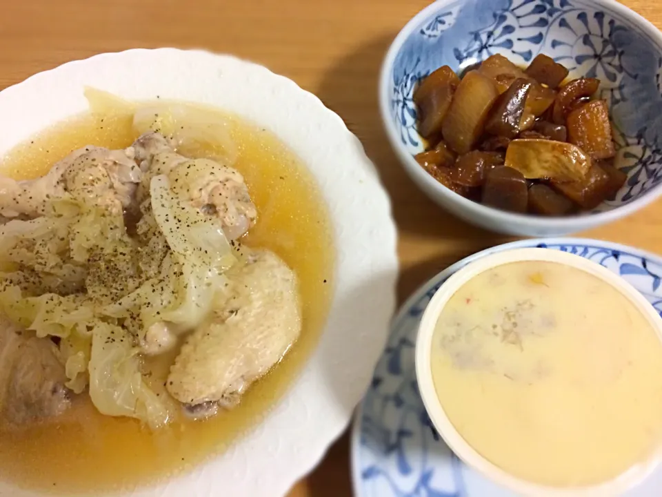 鶏肉とキャベツのスープ、大根とコンニャクの甘辛煮、蟹入り茶碗蒸し！|さらば広島の長きまつげ(東京なう)さん