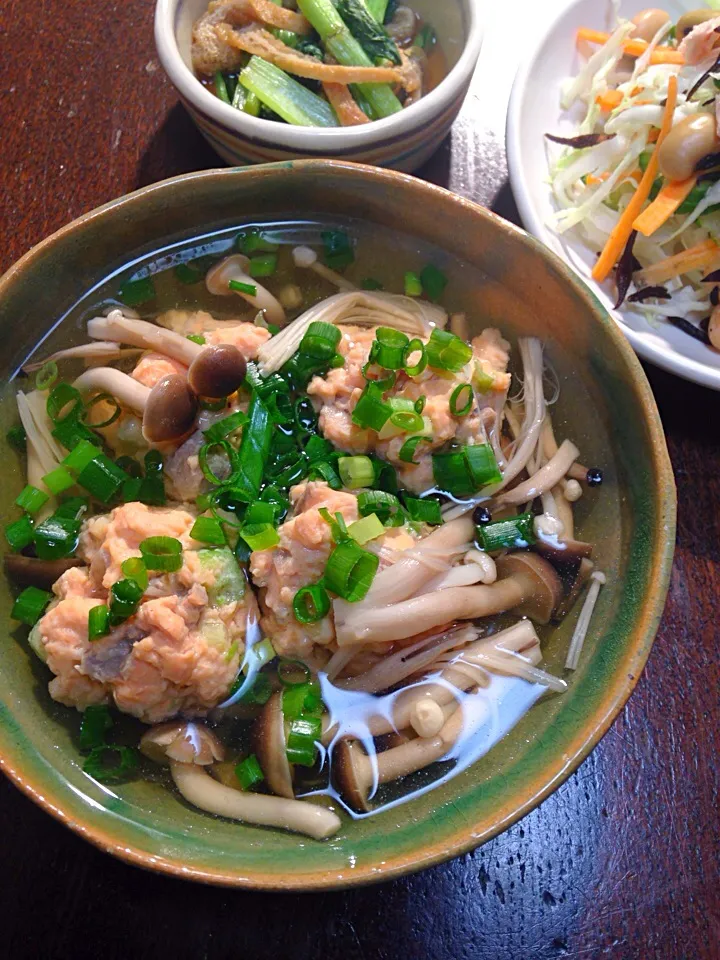 鮭の味噌つみれと、茸のすまし スープ|kazさん