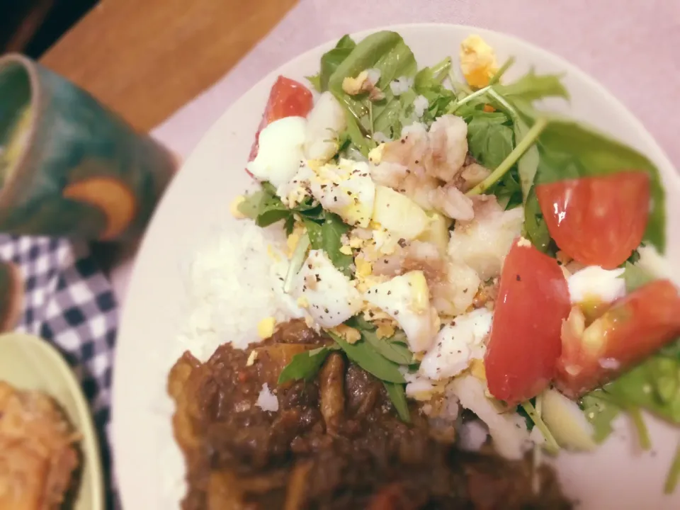 サラダとひき肉カレープレート。|にこらいさん