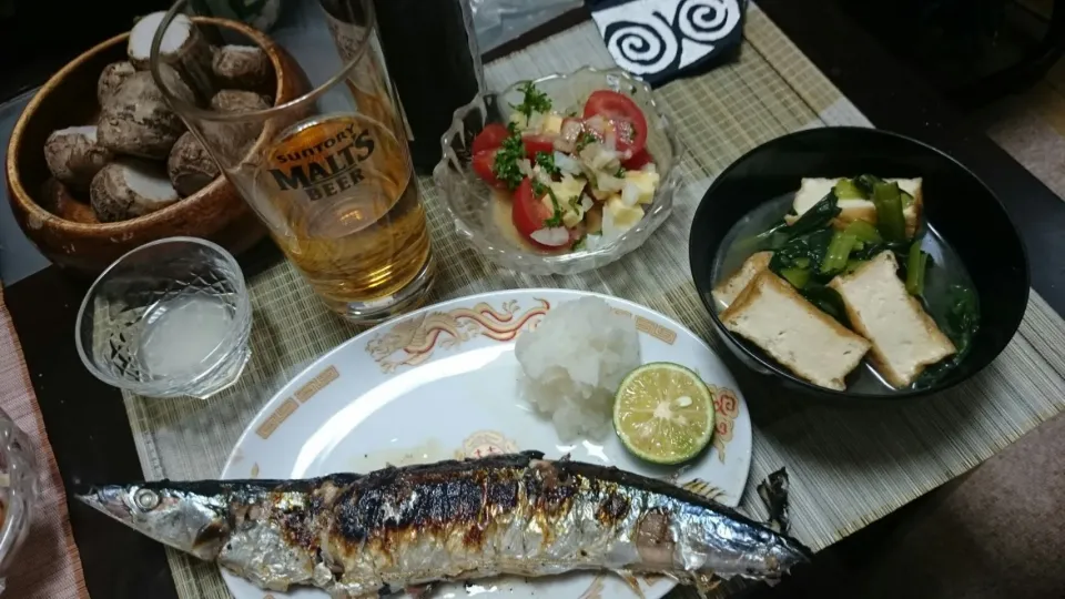 秋刀魚の塩焼き＆＆厚揚げ＆トマトのサラダ|まぐろさん