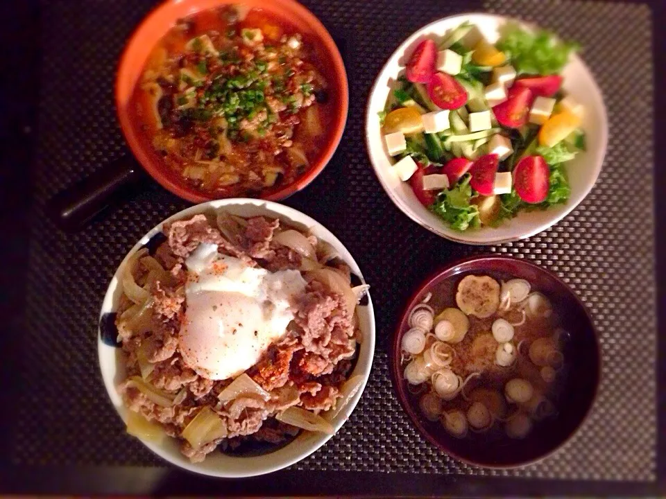 吉野家風牛丼、麻婆豆腐、サラダ、茄子のお味噌汁|ayumiさん