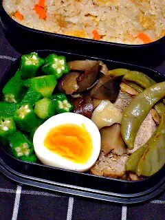 Snapdishの料理写真:お弁当（炊き込みご飯、じゃがいもと豆と油揚げの煮物、なすの炒め物、茹で卵、オクラ）|すーさん