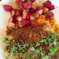 pecan tilapia, maple mashed sweet potaoes, radishes