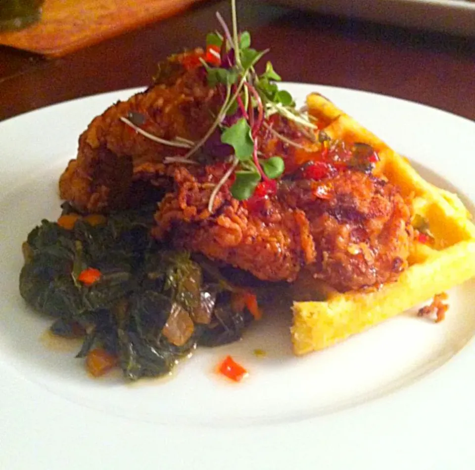 Crispy Fried Chicken, Cornmeal Waffle, Collard Greens, and Spicy Red Pepper Syrup...|Jenn Strangeさん