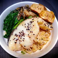 miso tara with chicken garlic fried rice and stir fried pak coy with mushroom|cherie pieさん