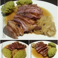 Snapdishの料理写真:Sauerkraut, mashed green peas and duck breast