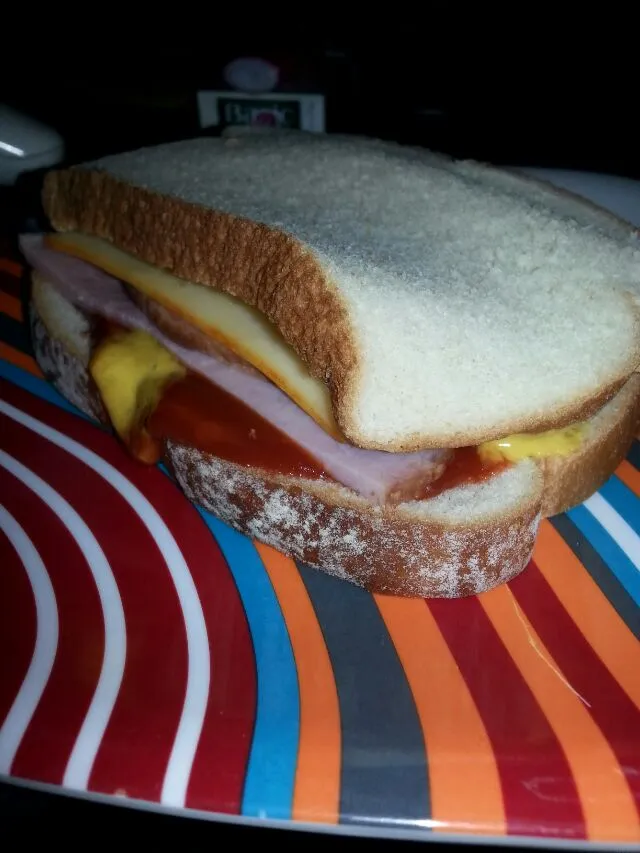 Jack's ham sandwich with mUstard, ketchup, sriacha, Munster.  
don't even ask! !!!|Polly Gelfusoさん