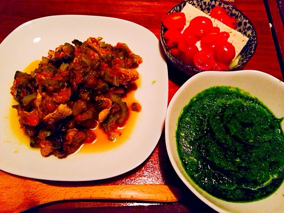 ゴーヤと油揚げと茄子とキノコの炒め物と青ドロと豆腐カプレーゼ|トキロックさん