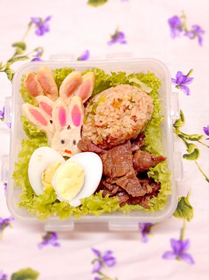 Snapdishの料理写真:Fried Rice, Venison (Deer) Jerky and Bunny Fish Cakes|Esther Mozoさん