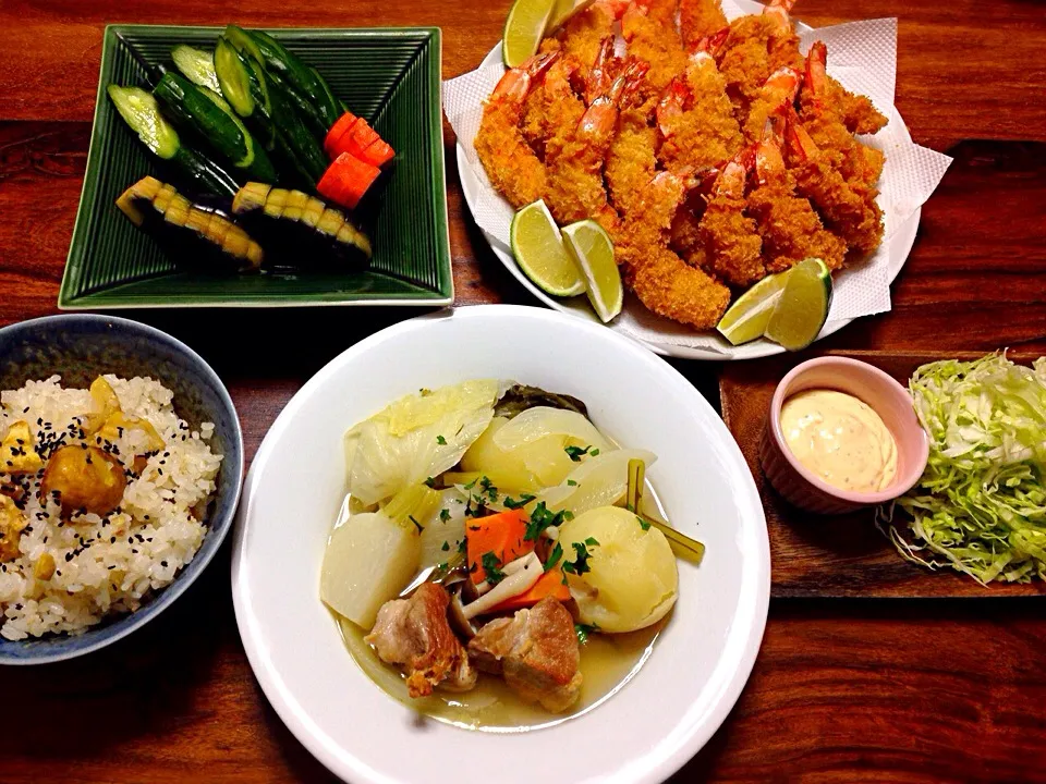 ぬか漬け 栗ご飯 エビフライ 豚バラ肉のポトフ|K N 3さん