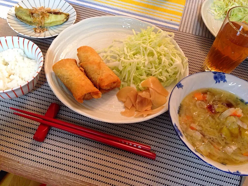 春巻き、焼きなす、野菜スープ|まろさん