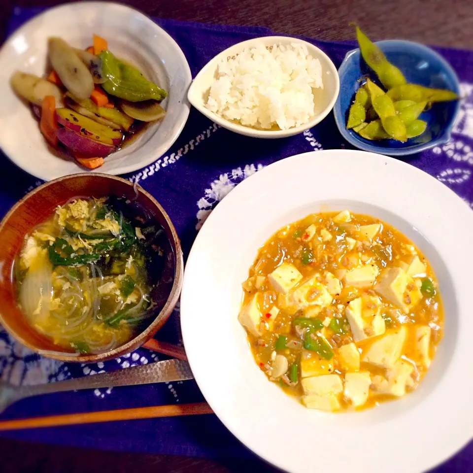 麻婆豆腐 春菊春雨スープ 根菜の煮物|2boy mamさん