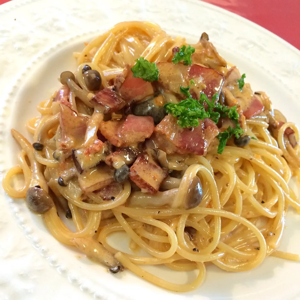 中川シェフ直伝                              きのことベーコンのトマトクリームソースのスパゲッティーニ|志野さん