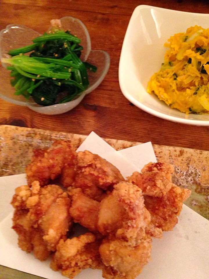 ほうれん草お浸し、かぼちゃサラダ、鶏唐揚げ|カオリンさん