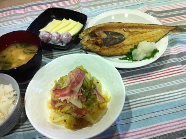 ホッケ開き・キャベツとベーコン粒マスタード煮・チーズとミニトマトのヨーグルト漬・鶏肉と小松菜味噌汁|まーままさん