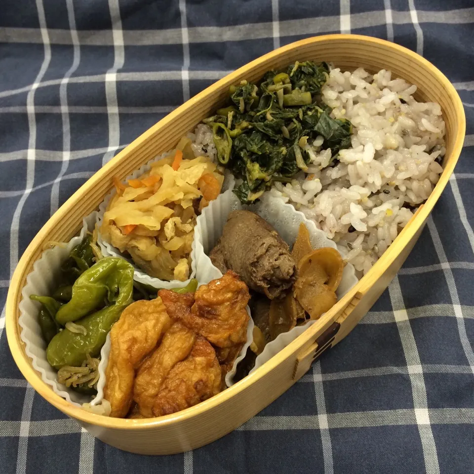 弁当（肉巻しょうが煮、伏見唐辛子とじゃこの炒め煮、切り干し大根、野菜天、木胡椒佃煮）|SasaMasa213さん