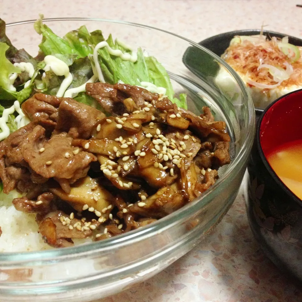 牛肉とまいたけ丼 冷奴|はやしさん