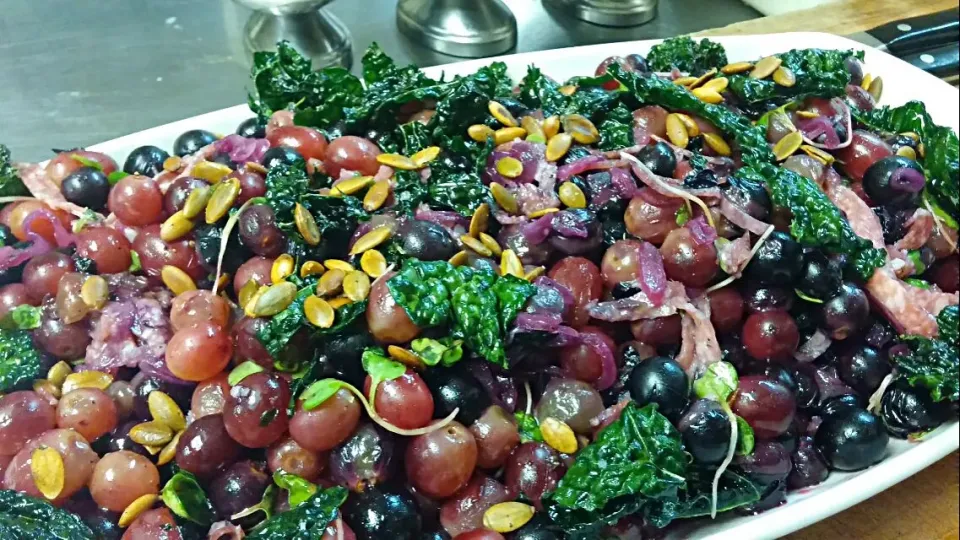 Snapdishの料理写真:roasted grape salad, genoa salami, krispy kale, toasted pepitas, pickled onions, black pepper syrup|TheEffinChefさん