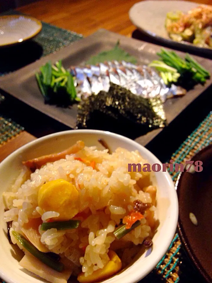 Snapdishの料理写真:秋づくし☆栗ご飯とさんまの磯部巻き☆焼きなす|CHINAMIさん