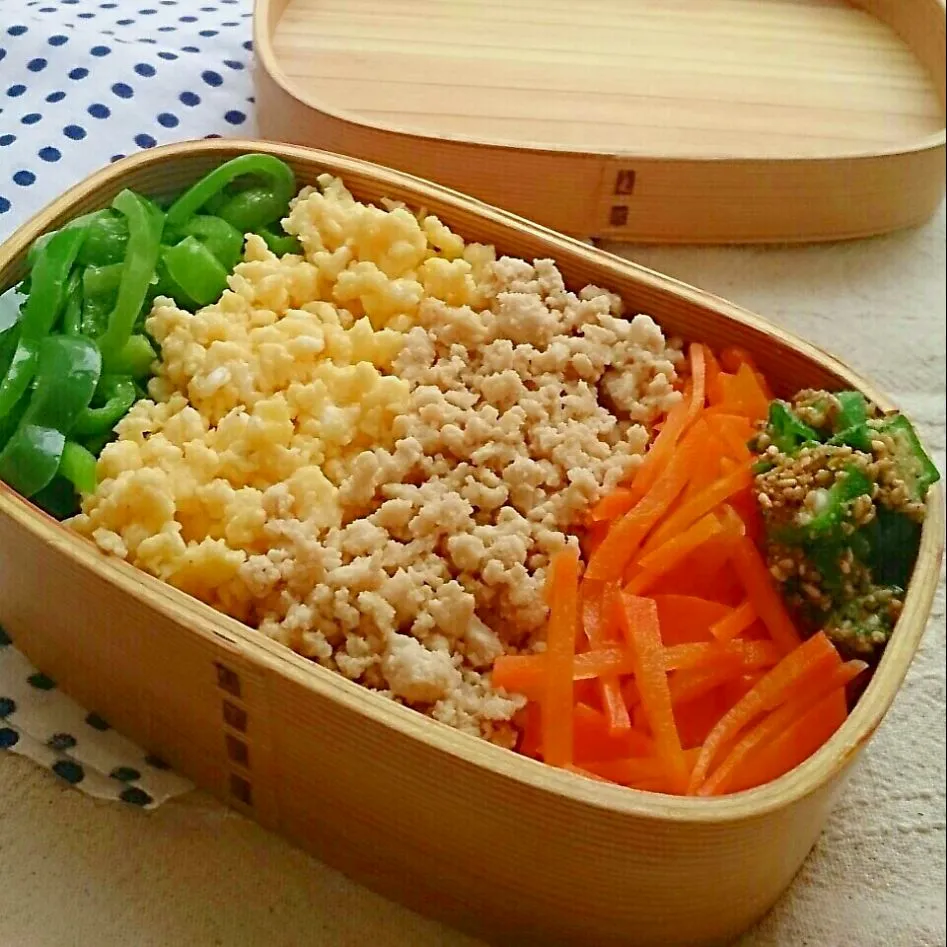 Snapdishの料理写真:４色そぼろ弁当 パパのお弁当
今日のお弁当は鶏そぼろ、オクラの胡麻和え、いりたまご、ピーマンの塩ごま油炒め、人参の白だし煮でした。|とだともさん