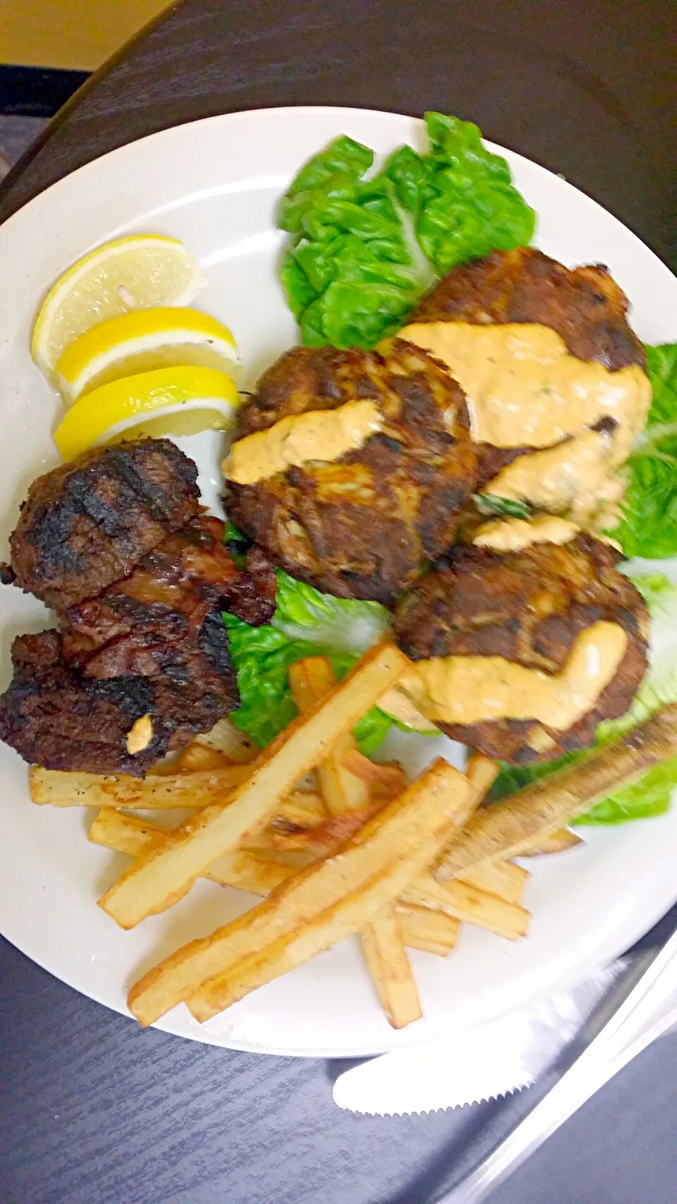 crab cakes and sirloin steak with fries|sheree smithさん