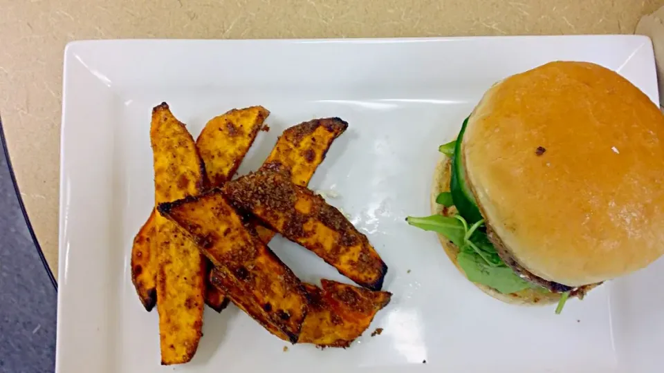 lamb burger with a roasted  red pepper mayo,arugula, feta and cucumbers.. with masal sweet potato wedges..|sheree smithさん