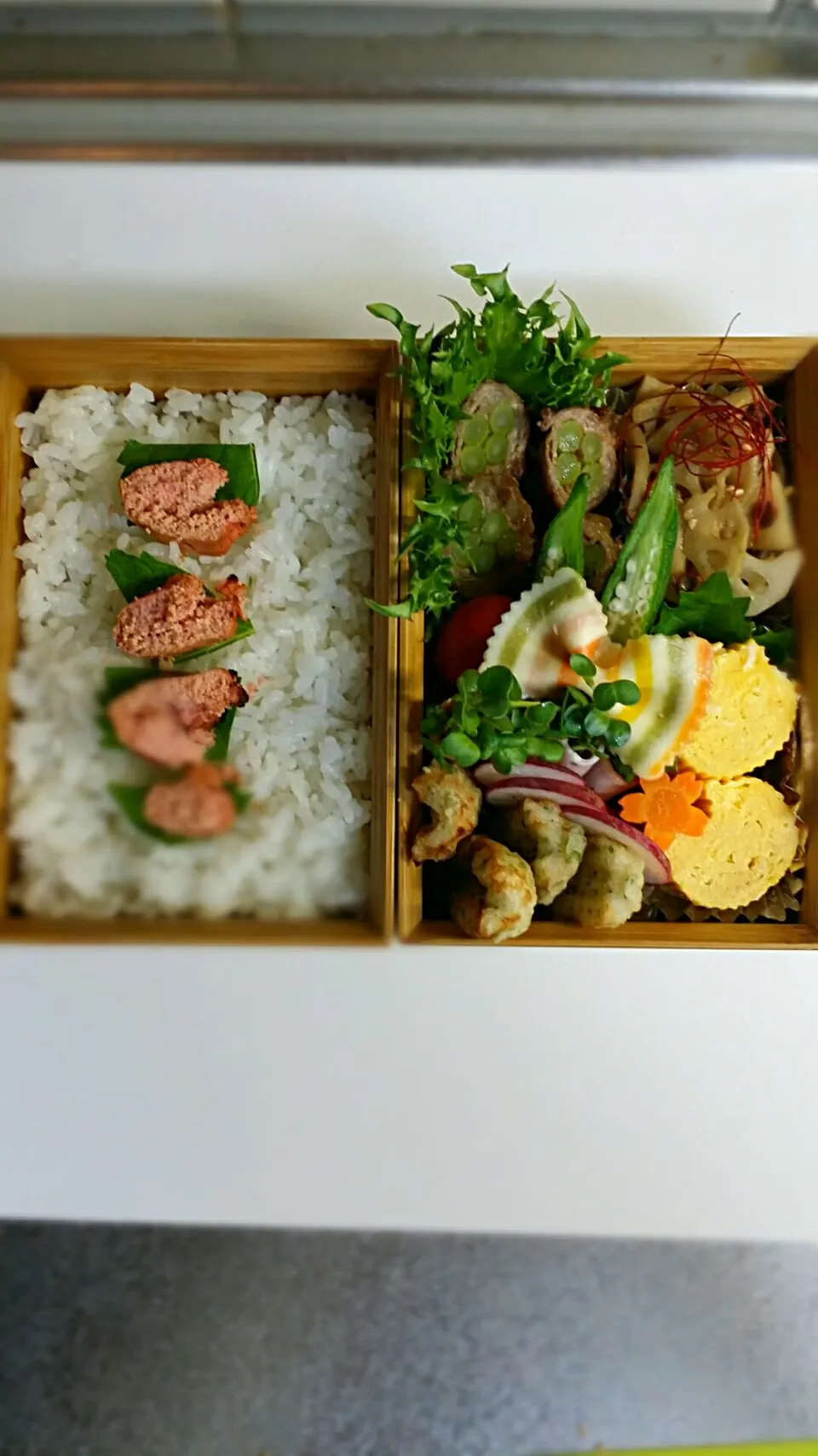 《木曜日のお弁当》🍱


・リボンパスタヾ(´︶`*)ﾉ♬
　（渡邉薫ちゃんからのプレゼント）
・蓮根の甘辛きんぴら
・にんにくの芽の肉巻き
・出し巻き玉子
・竹輪の磯辺揚げ
・かいわれハム巻き

行ってらっしゃ～い♡|藤田 まり子さん