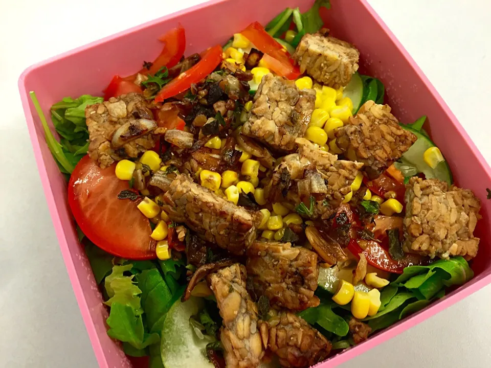 Vegan bento box: arugula, corn, tomato, cucumber and garlic tempeh with balsamic dressing|victoria valerioさん