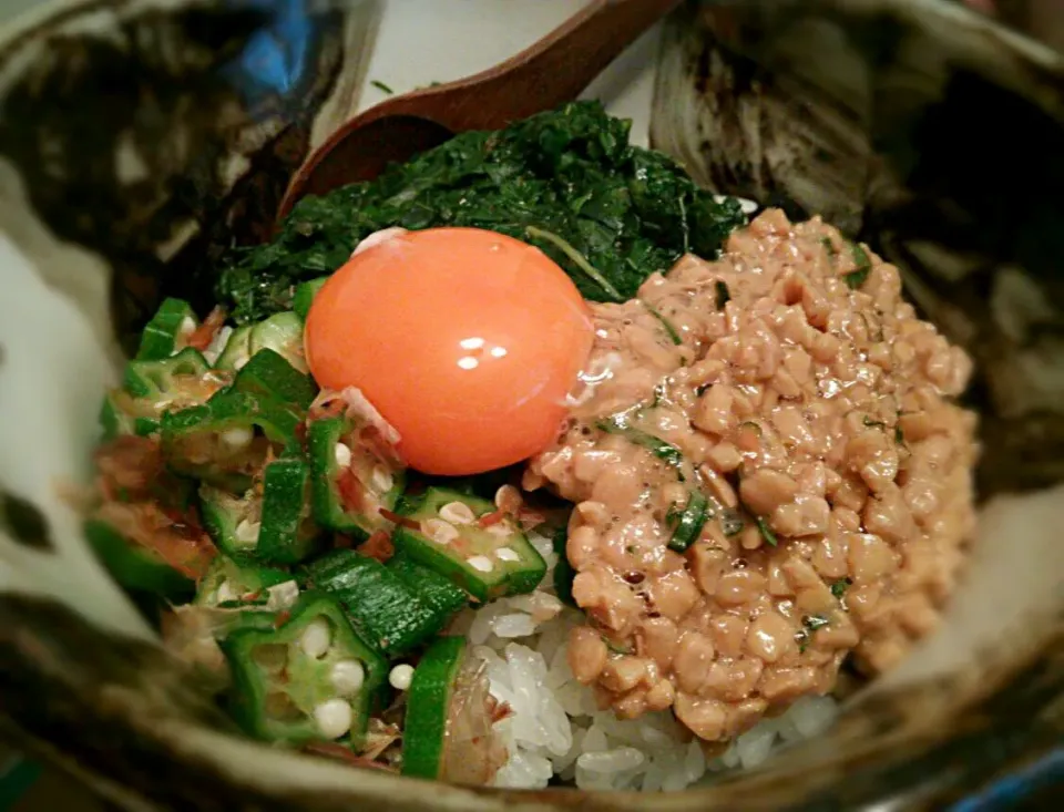 オクラとモロヘイヤと納豆のねばねば丼|にゃあ（芸名）さん