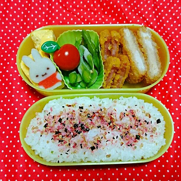 Snapdishの料理写真:10/4(土)の長女部弁当🍱
♪ロースカツ
♪ハムカツ
♪卵焼き
♪枝豆
♪かまぼこ
♪ミニトマト|ふみぃさん