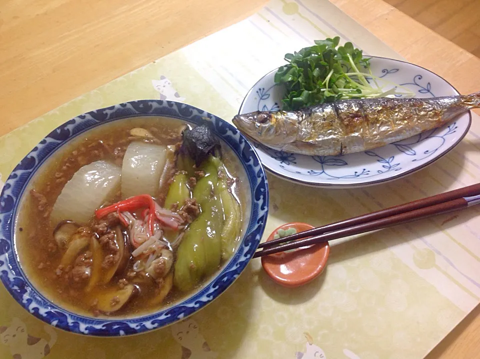 茄子と大根の肉そぼろあんかけ＆鰯の塩焼き|shozuuさん