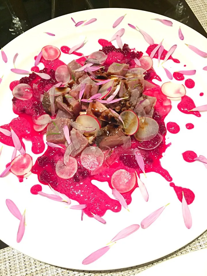 Grilled tuna and octopus with beetroot sauce;)|aястасияさん