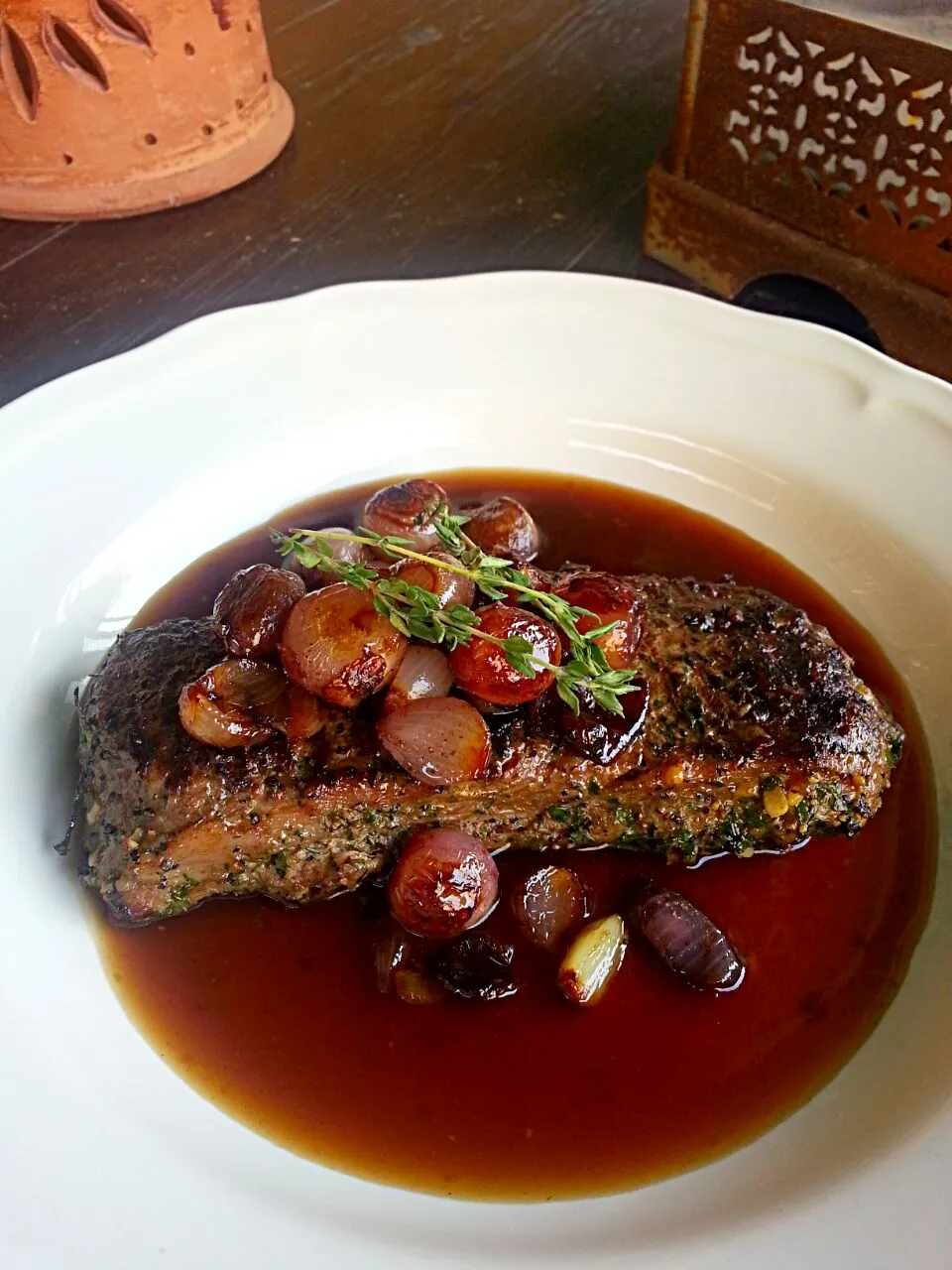 Snapdishの料理写真:lamb herb crust filet with cherry glazed shallots.|Ahmedさん