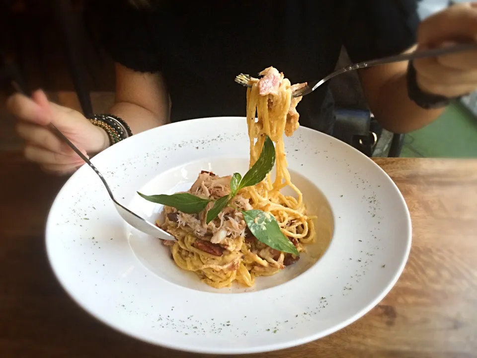 Spaghetti cabonara crab and beacon|Vrebelさん