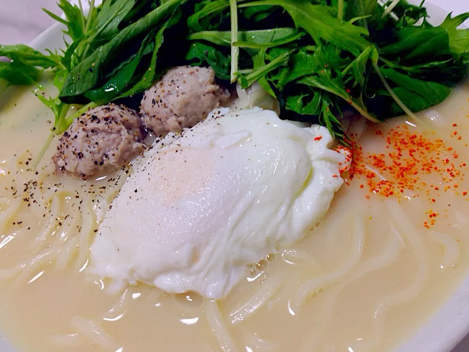 Snapdishの料理写真:お腹に優しい あったか鶏白湯スープの細い稲庭うどん poached eggとベビーリーフ 胡椒と一味を添えて(^^)|Hiroo  Higuchiさん