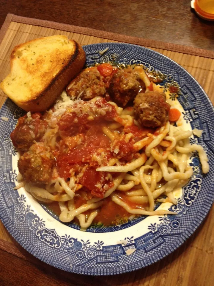 Pici pasta. With meatballs and red sauce.|marylouさん