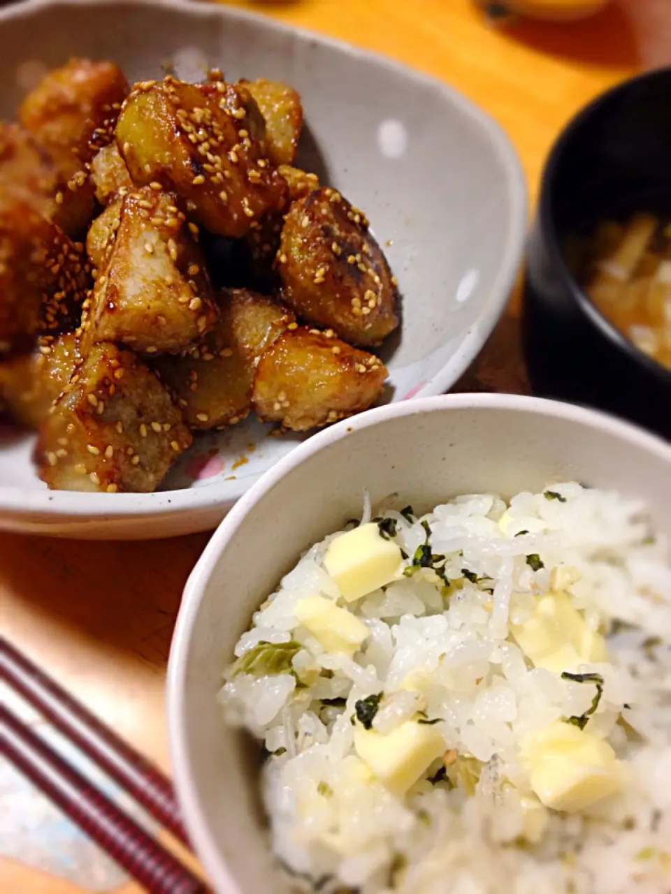 野沢菜ちりめんチーズご飯と里芋の甘辛揚げ|Ai  Kashiwagiさん