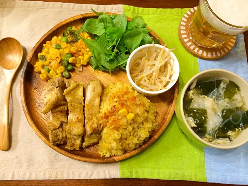 チキンカレーピラフ コーンと枝豆揚げ もやしナムル ワンタンスープ|haseseさん