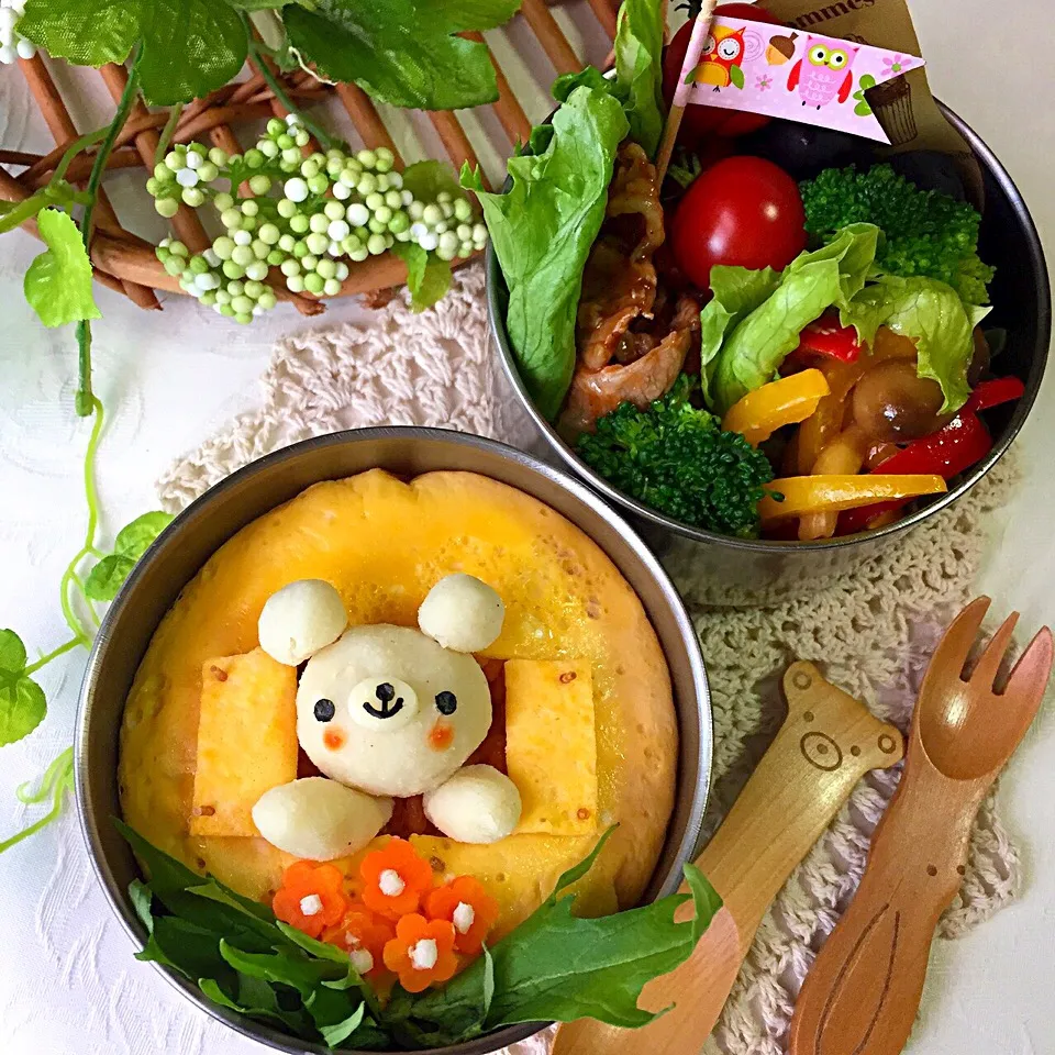 Snapdishの料理写真:ゆっぴーのお弁当『窓からおはよー💕くまちゃん』|kumiさん