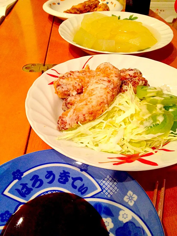 鳥ささみの竜田揚げ＆冬瓜の白だし煮、キャベツとグリーントマトのサラダ|ch＊K*∀o(^^*)♪さん