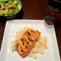 Teriyaki salmon with sriracha cream sauce on a bed of rice|Georgia Harrisさん