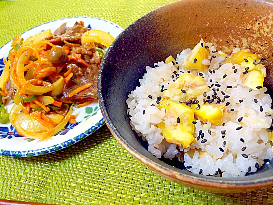 Snapdishの料理写真:栗ご飯、牛タンの野菜炒め|Hiromi  Koikeさん