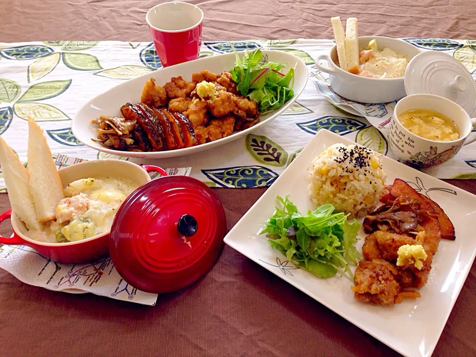 Snapdishの料理写真:さつま芋とちりめん雑魚のご飯，舞茸と鶏肉の揚げ出し，鮭とカリフラワーのグラタン，かき玉汁|Atelier de cuisine🍴さん