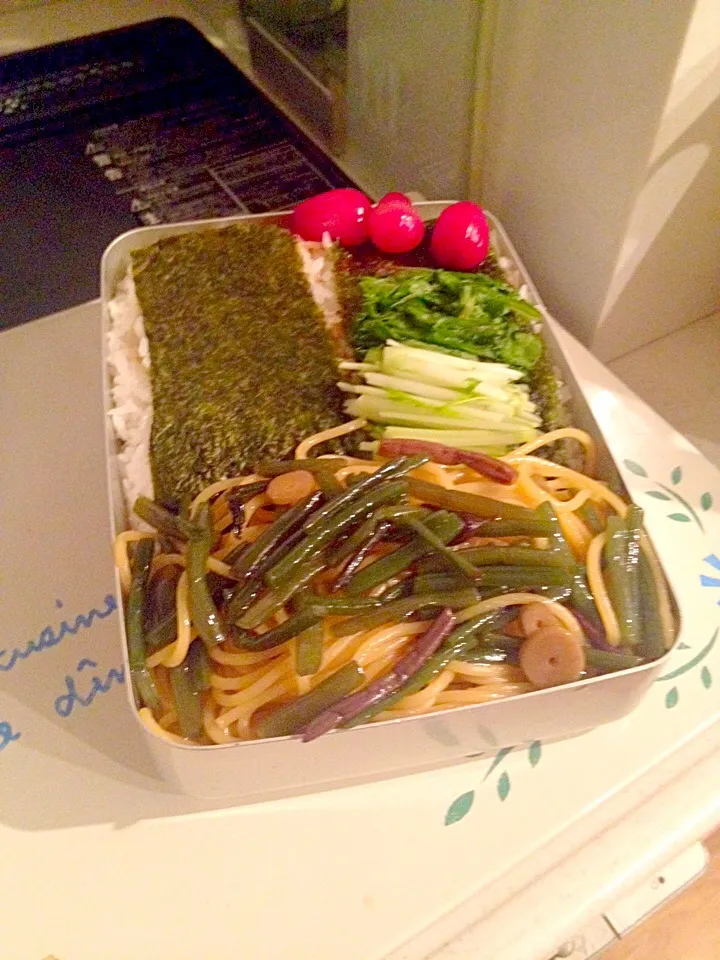 パパお弁当🍱    海苔弁当    山菜スパゲティ、らっきょうの梅酢漬け|ch＊K*∀o(^^*)♪さん