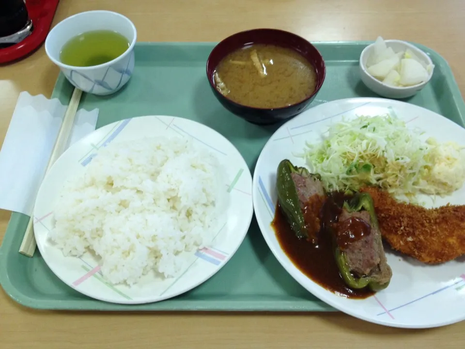 ピーマンと肉詰めとサーモンフライ|おっちさん