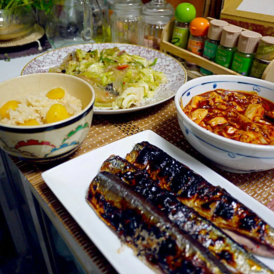 栗ご飯   焼き糠サンマ  海鮮しお春雨   山椒を利かせた麻婆豆腐|石川洋子さん